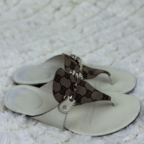 Gucci White and Brown Designer Sandals with Monogram Size 7 1/2 - Picture 8 of 13